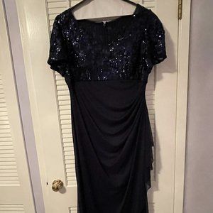 Formal long evening dress by Alex Evenings , dark blue with sequined top. Sz 16P